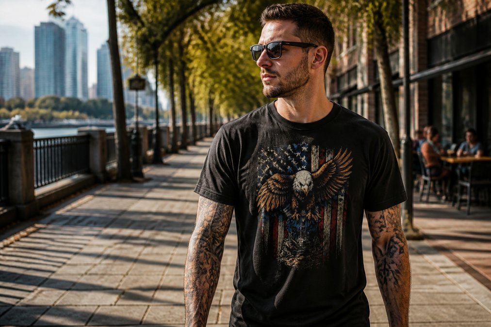 A person wearing a bold black graphic t-shirt with American patriot imagery, standing confidently on an outdoor urban walkway in natural afternoon sunlight, casual streetwear styling