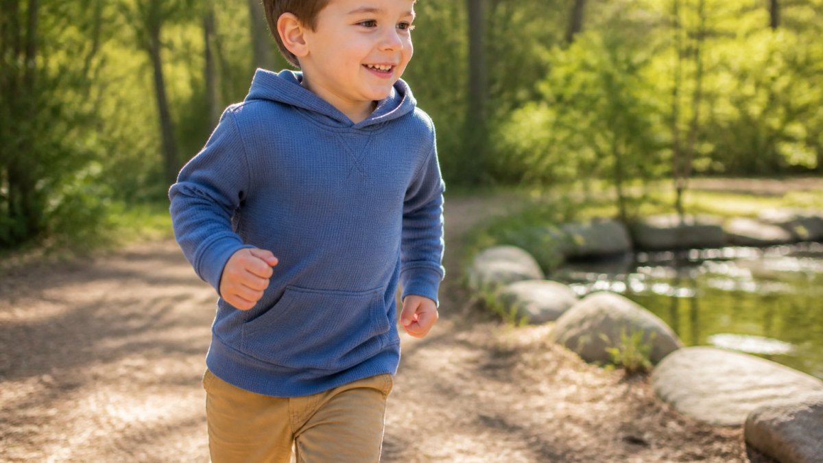 Child wearing well-made clothing playing outdoors, showing fabric texture detail, quality stitching, and comfortable fit during active movement in natural daylight