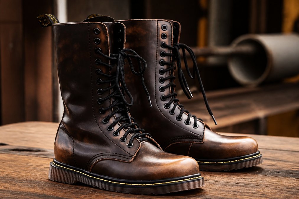 Close-up of a pair of polished full-grain leather Chelsea boots resting on a wooden surface, warm studio lighting casting soft shadows that highlight the natural grain texture and developing patina of the leather