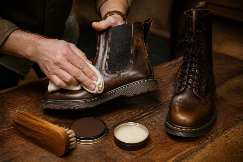 A pair of hands applying leather conditioner to a dark brown Chelsea boot using a soft cloth, with a boot brush, tin of conditioner, and a second boot visible on a wooden table in warm indoor lighting