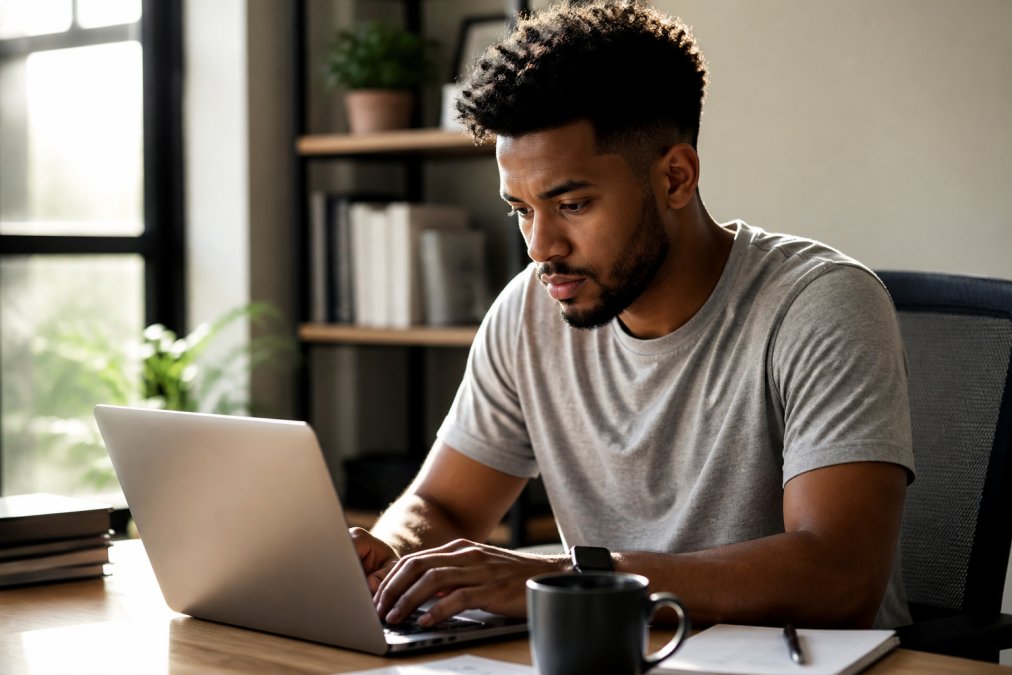 Young entrepreneur wearing a motivational graphic tee at their desk, focused and determined while working on a laptop with morning coffee nearby, natural morning light streaming through the window
