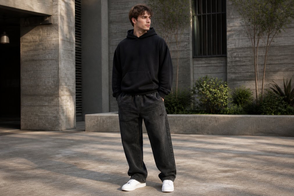 Young man wearing oversized black joggers with classic white leather low-top trainers, standing in an urban courtyard with natural afternoon light, relaxed confident posture with hands in pockets