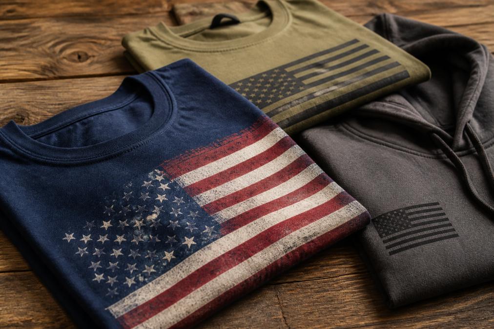 Infographic comparing quality standards and fabrics for top patriotic apparel brands on a wooden display