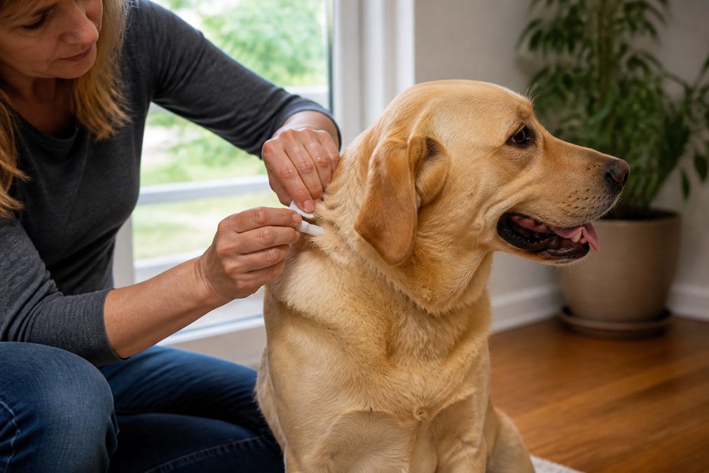 Pet owner applying veterinary-grade parasite prevention treatment to dog's neck area in home setting with natural lighting