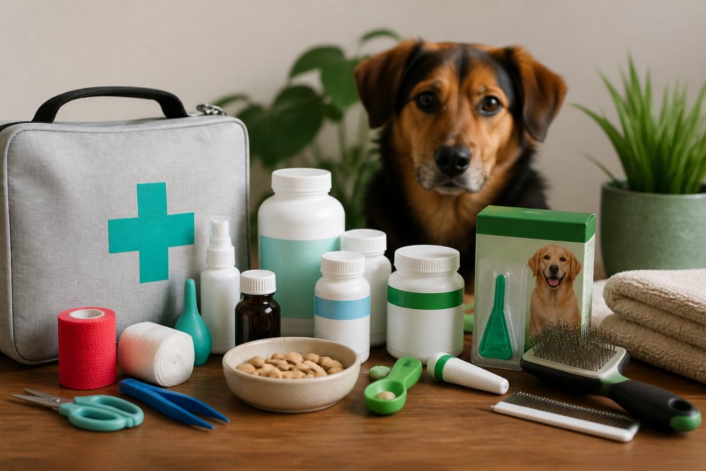 Organized collection of high-quality pet health supplies arranged on clean surface: premium supplements, parasite prevention products, first aid items, grooming tools, and preventative care products displayed neatly