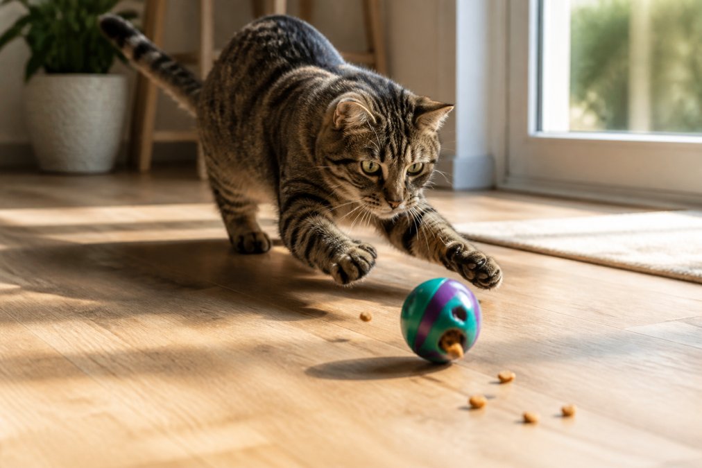 Tabby cat mid-pounce on a colorful treat-dispensing ball toy on light hardwood flooring, focused eyes and extended paws, natural window lighting from the side