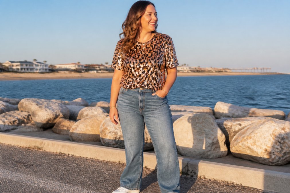 A woman wearing a sequin leopard print tee paired with casual blue jeans and white sneakers, standing in a bright, sunny coastal setting with natural light reflecting off the sequins