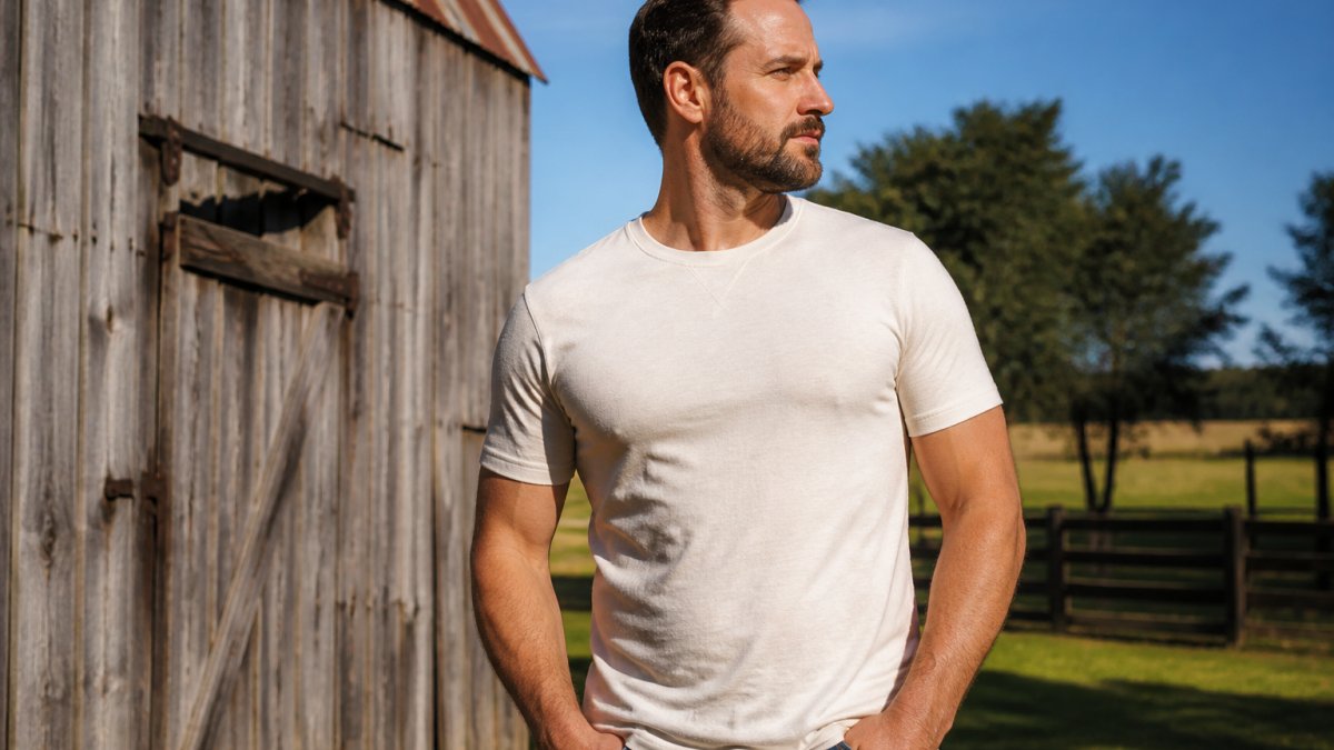 Man wearing quality cotton heritage-themed t-shirt outdoors in natural sunlight, showing fabric texture and fit details against a rustic backdrop