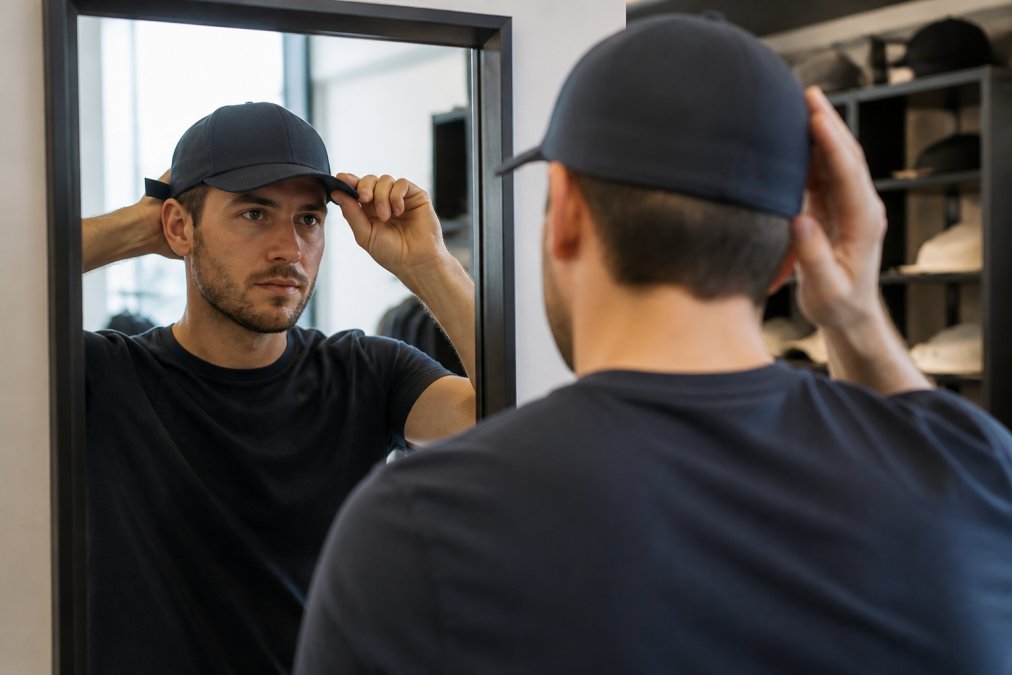 Man trying on fitted baseball cap in front of mirror, examining crown height and brim curve to ensure proper fit and comfort