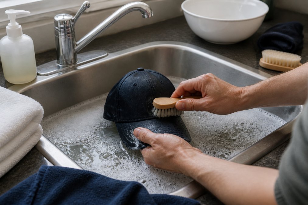 Hands gently washing a sports cap with soft brush and soapy water in a sink, demonstrating proper cleaning technique with care and attention to detail
