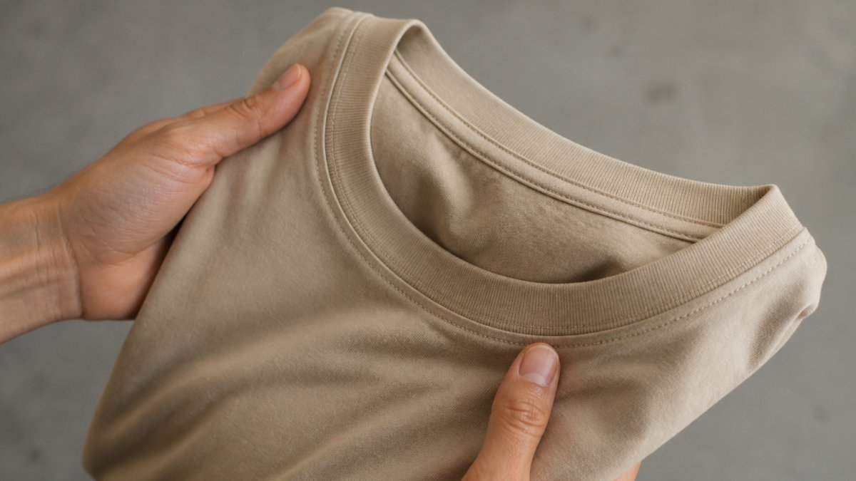 Close-up of hands holding a folded soft cotton t-shirt against a neutral background, showing fabric texture and stitching detail