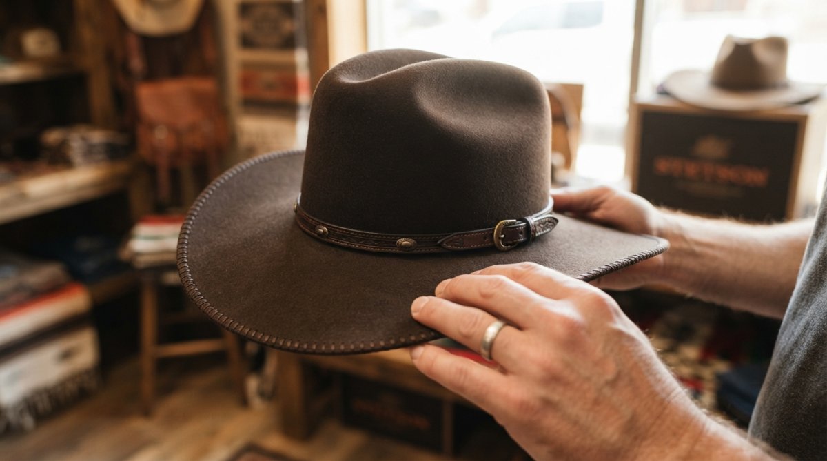 Close-up of hands holding a premium fur felt western hat, showing the smooth texture and detailed stitching on the brim and leather hat band in warm natural light