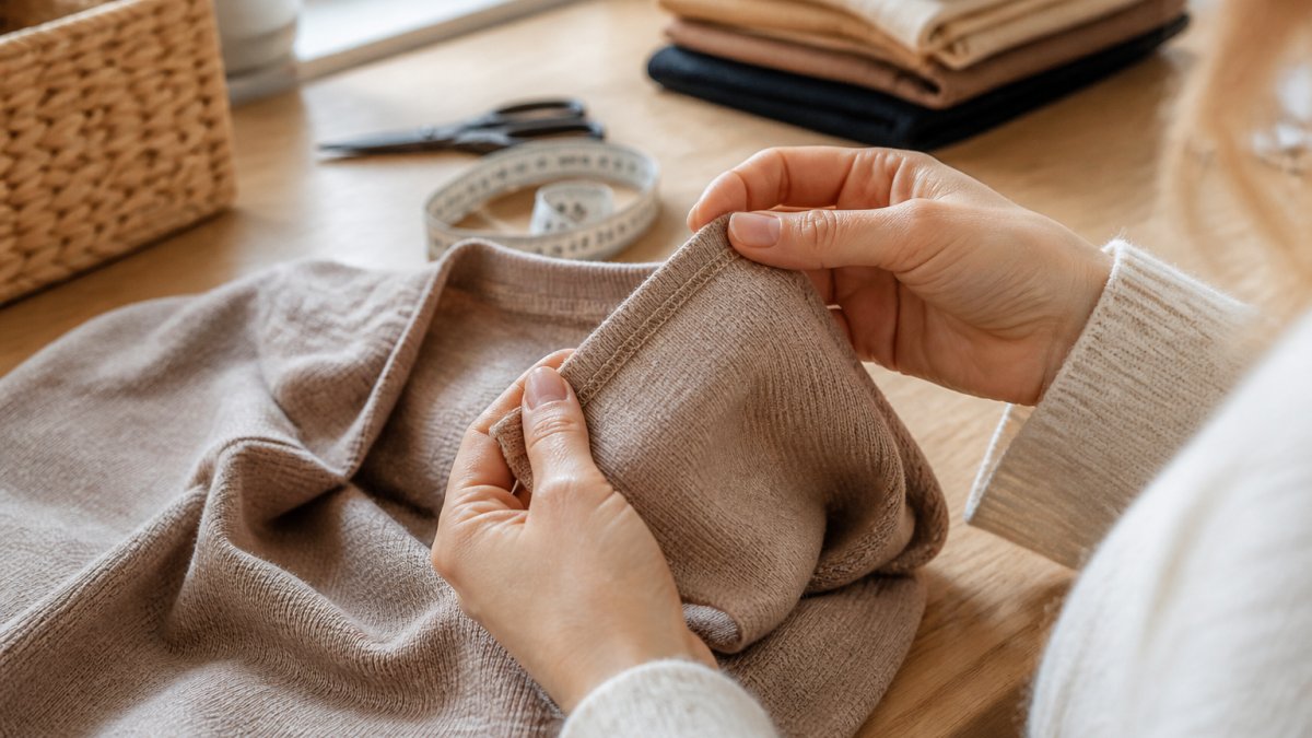 Close-up of a woman's hands inspecting the inside seam and hem of a knit top in natural window light, fabric texture clearly visible