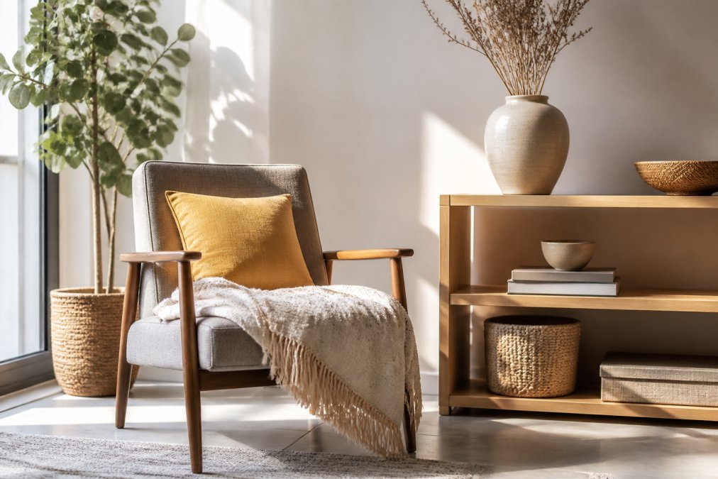 Mid-century modern accent chair with a throw and vase, featuring some of the best quick ship home decor items.