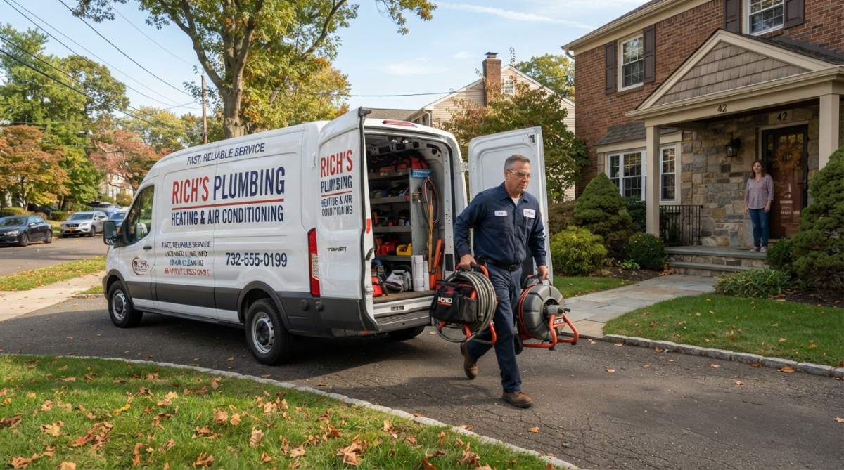Licensed plumber in uniform arriving at residential home with service van and professional equipment, demonstrating rapid response readiness