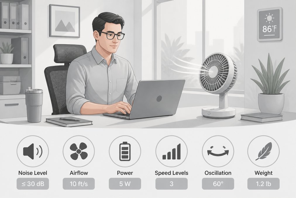 Professional working at ergonomic desk during summer with quiet desk fan running beside laptop, showing natural office lighting and focused work environment