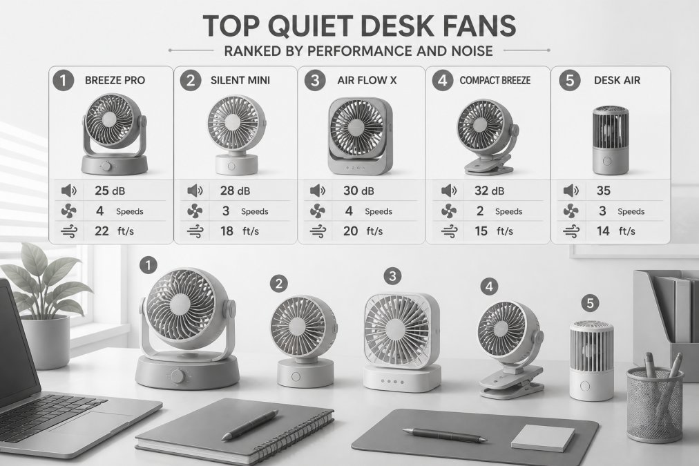 Modern workspace desk arrangement showing multiple compact quiet desk fans of different sizes and designs positioned strategically among laptop, notebooks, and office supplies with natural window lighting