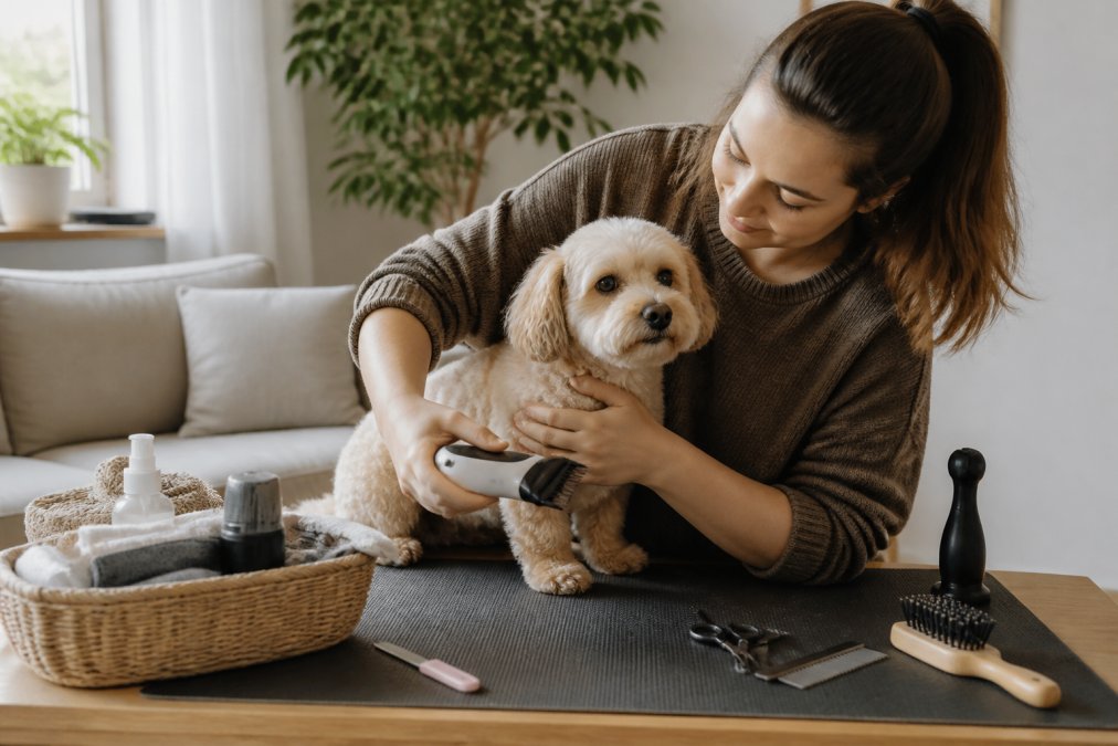 Pet owner gently grooming a small dog with quiet dog clippers in a sunlit living room while the pet stays calm.