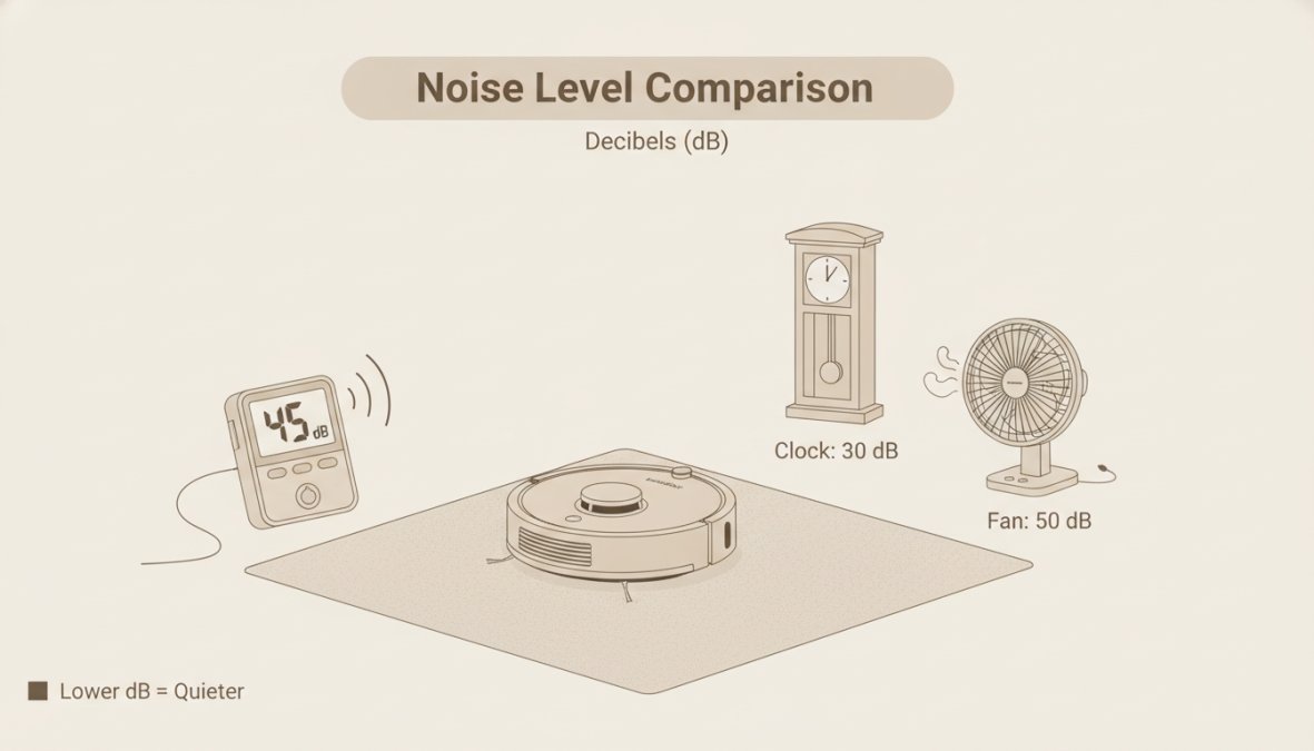 Decibel meter displaying 45 dB next to SwitchBot robot vacuum in home setting, showing noise comparison with household items like clock and fan nearby