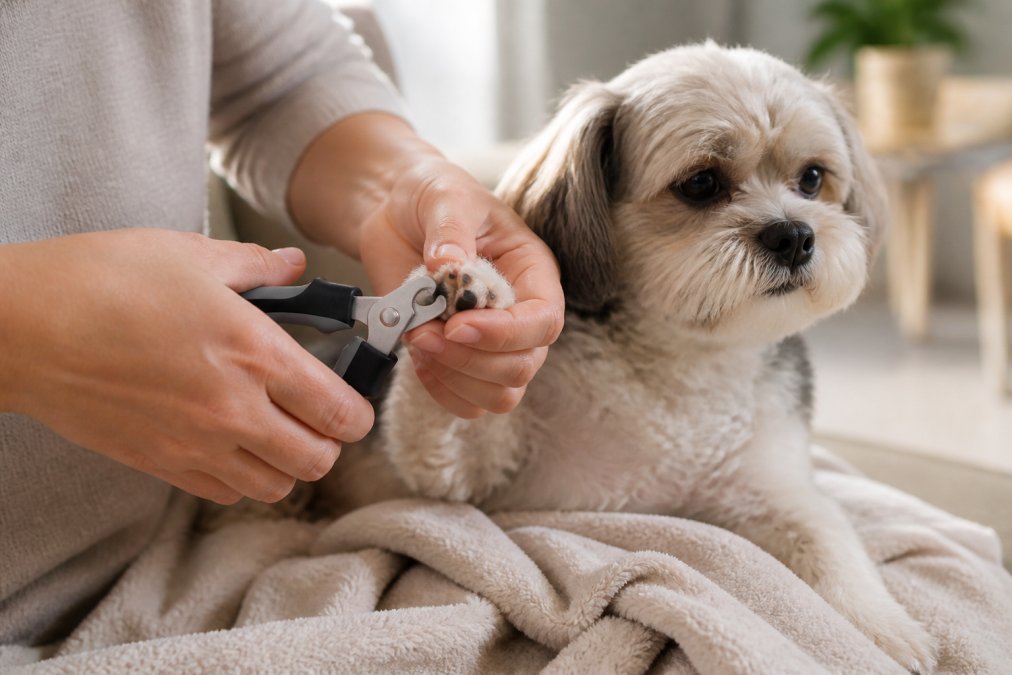 A pet owner gently holding a small dog's paw while using quiet nail clippers, dog relaxed on a soft blanket in a calm home setting with warm afternoon light