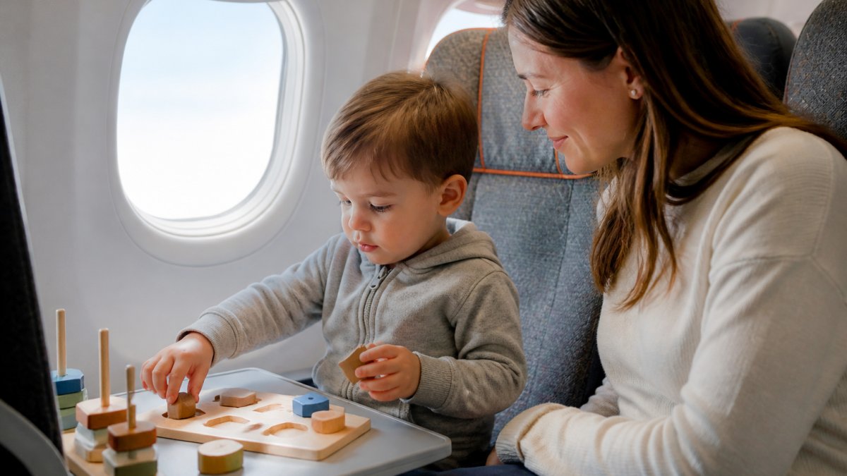 Parent and young child sitting together on an airplane, child engaged with wooden puzzles and building blocks arranged on the tray table, natural cabin lighting