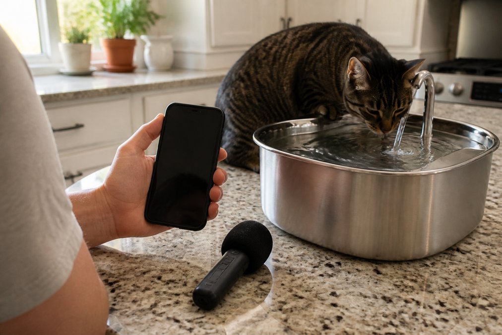 A person holding a smartphone with a decibel meter app next to a stainless steel cat water fountain on a kitchen counter, a tabby cat drinking from the spout in the background, soft morning window light