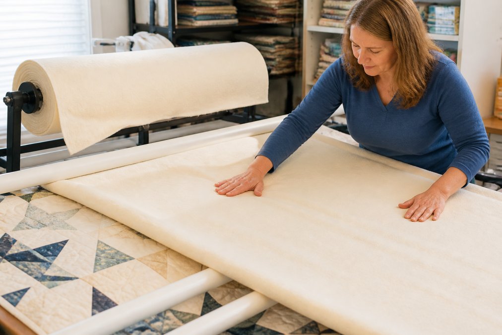 A quilter's hands smoothing a wide roll of cream-colored Hobbs 80/20 batting over a king-size quilt top on a longarm frame, the large batting roll visible on a stand behind her, bright workshop lighting