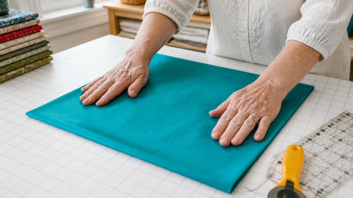 Hands smoothing a bright teal quilting cotton fat quarter on a cutting mat with a ruler and rotary cutter