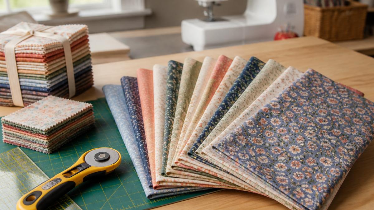 Flat lay showing a fat quarter bundle, rotary cutter, and sewing tools arranged on a wooden studio desk