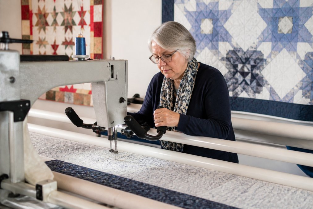 Professional quilter working at a longarm quilting machine with fabric stretched on the frame, hands positioned for precision stitching