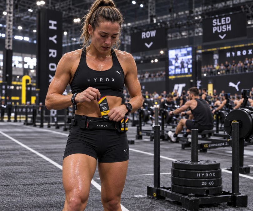 HYROX athlete fuelling mid-race with a Precision Fuel 30g Carb 100mg Caffeine Gel during an indoor HYROX competition, with sled push and rowing stations in the background.