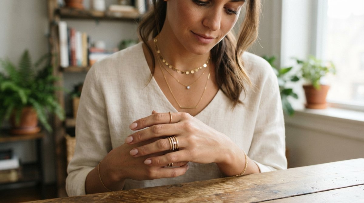 Woman's hands wearing multiple layered delicate gold necklaces of varying lengths and fine stacking rings, demonstrating jewelry layering technique in natural daylight