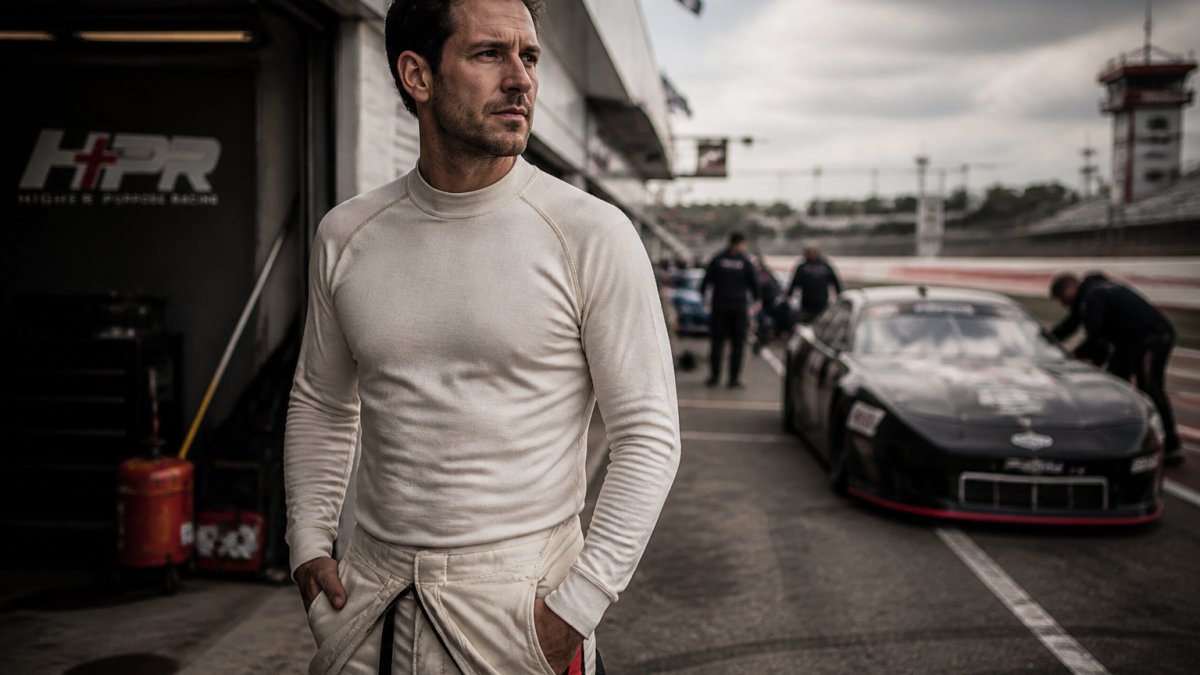 A driver standing in the pit area wearing a heavyweight racing shirt, with a race car visible in the background and track activity in motion