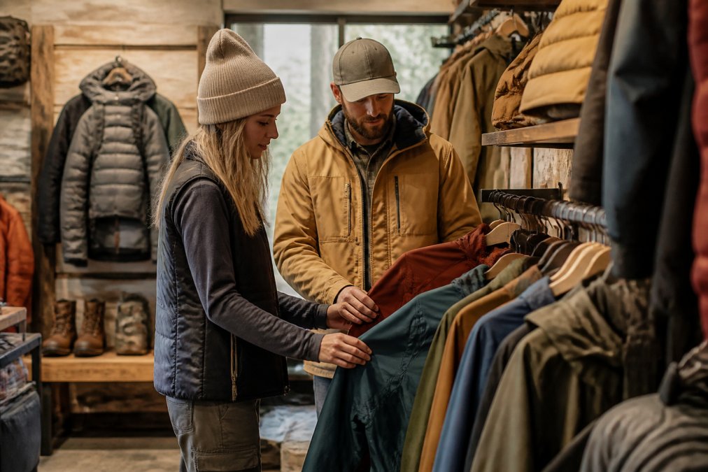 Outdoor enthusiasts browsing clothing racks in a specialty outdoor retail shop, examining jackets and gear together with natural shop lighting