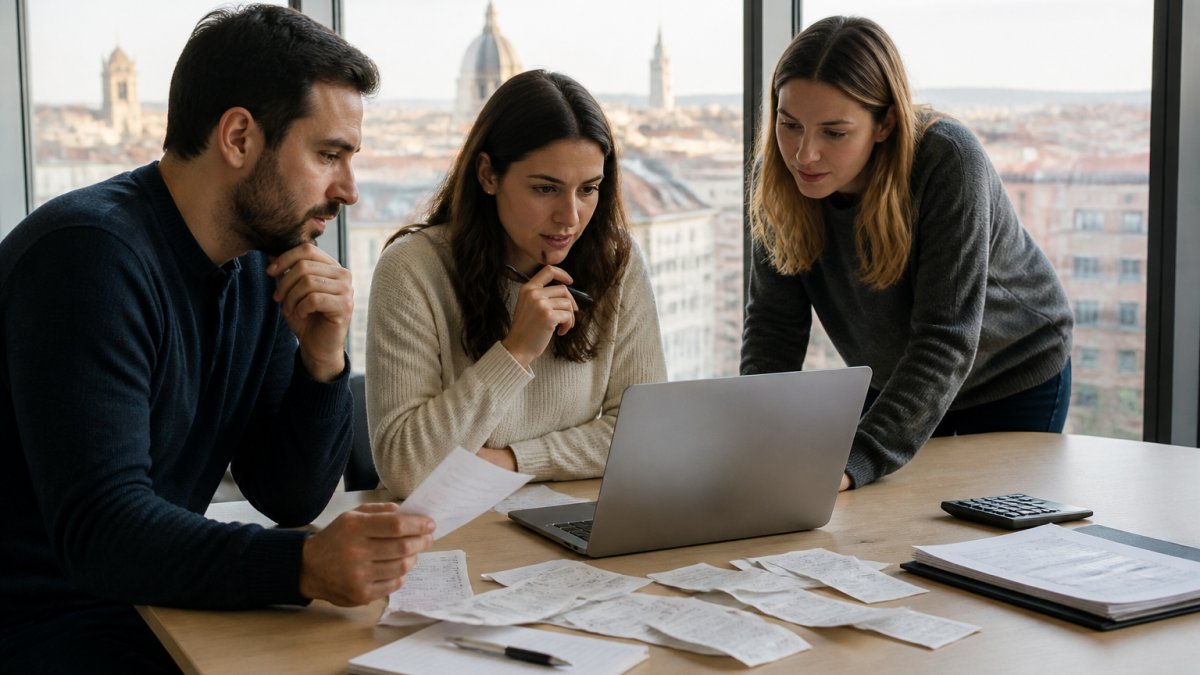 A finance team of three people reviewing expense reports on a laptop and printed receipts at a light-filled office table, with a European city skyline visible through the window