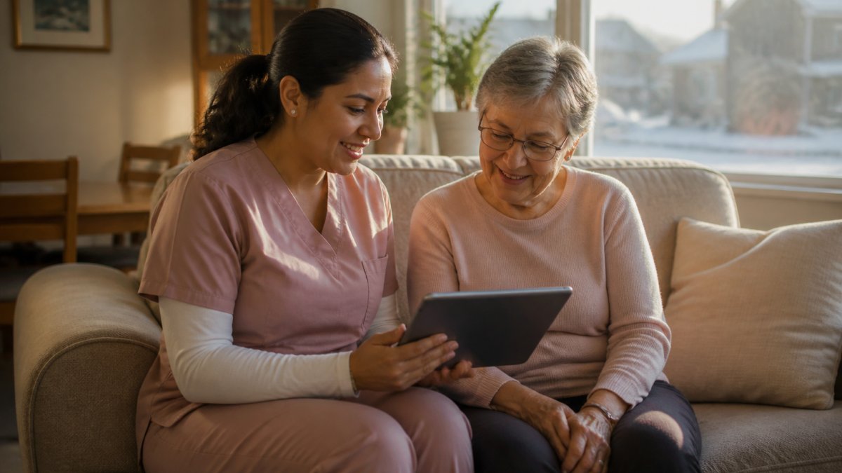 A warm, well-lit living room in a Calgary home where a caregiver in a soft uniform sits beside a smiling senior on a sofa, reviewing a care plan together on a tablet, afternoon light through the window