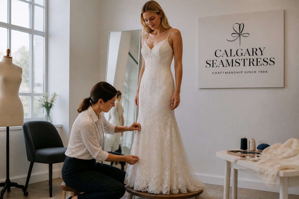 Bride in white wedding dress standing on an alteration platform with seamstress using pins and measuring tape to adjust hem and fit, natural studio lighting