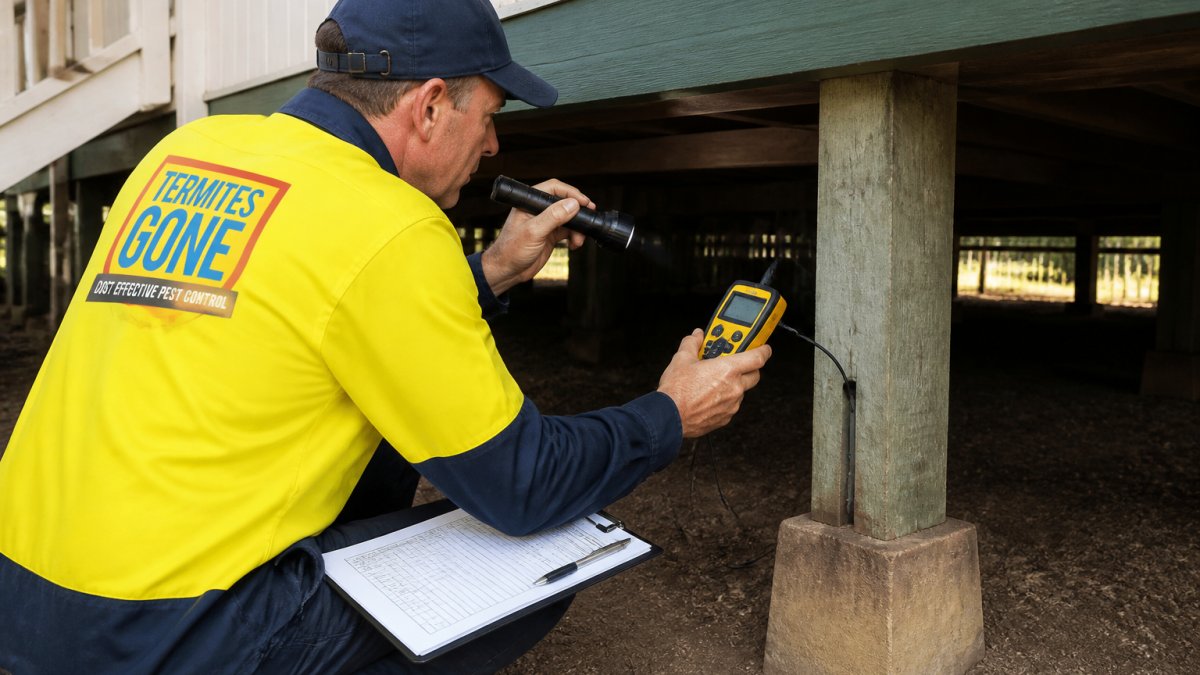 A licensed pest inspector in a hi-vis shirt and cap using a torch and moisture meter to check a timber subfloor and stumps beneath a raised Queenslander-style home, with a clipboard and inspection report in hand