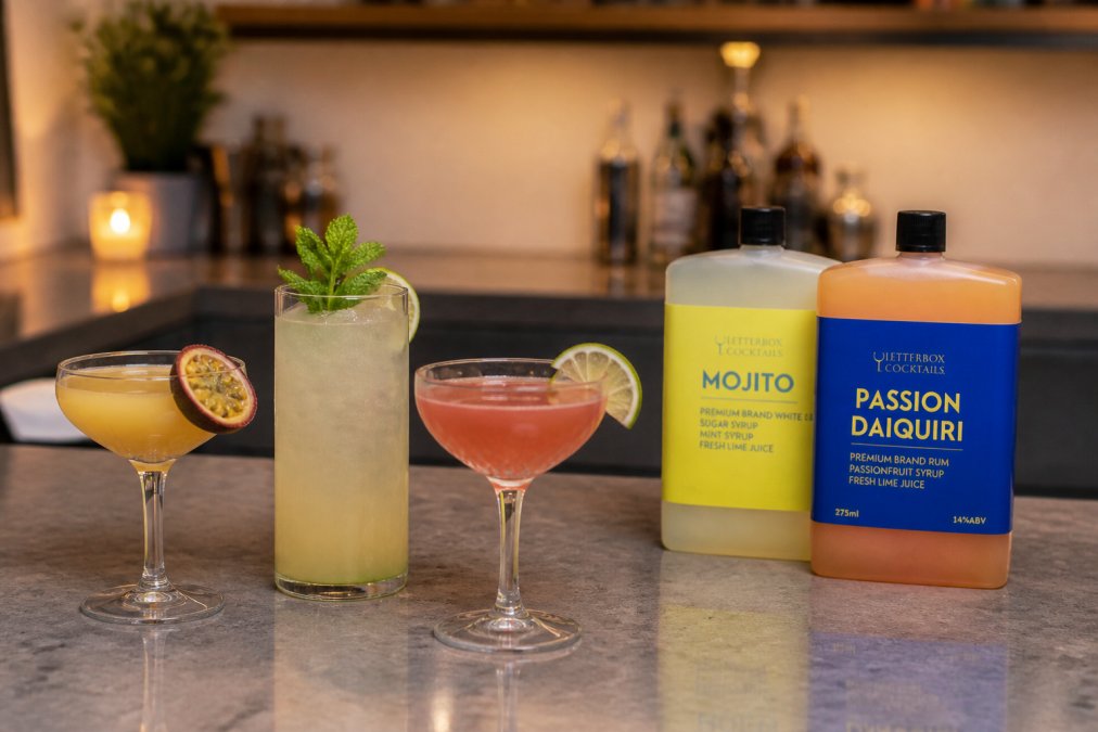 Three different cocktails in elegant glasses with hand-made garnishes, bottles positioned on a home bar counter with soft ambient lighting