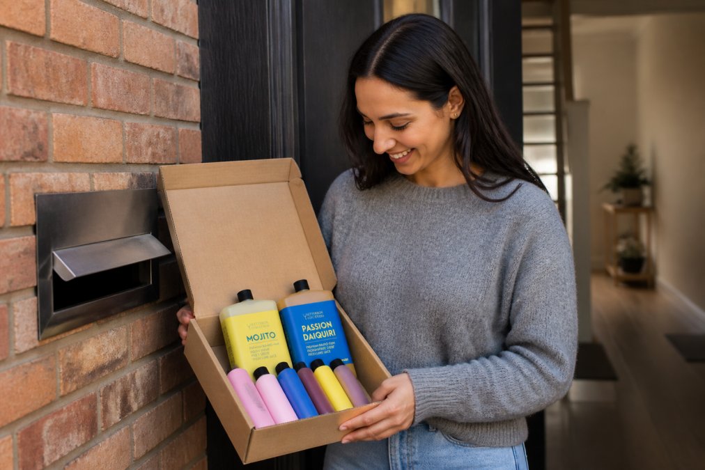Person opening a letterbox to reveal a premium cocktail box delivery, with full-size bottles visible inside alongside hand-made garnishes and serving instructions