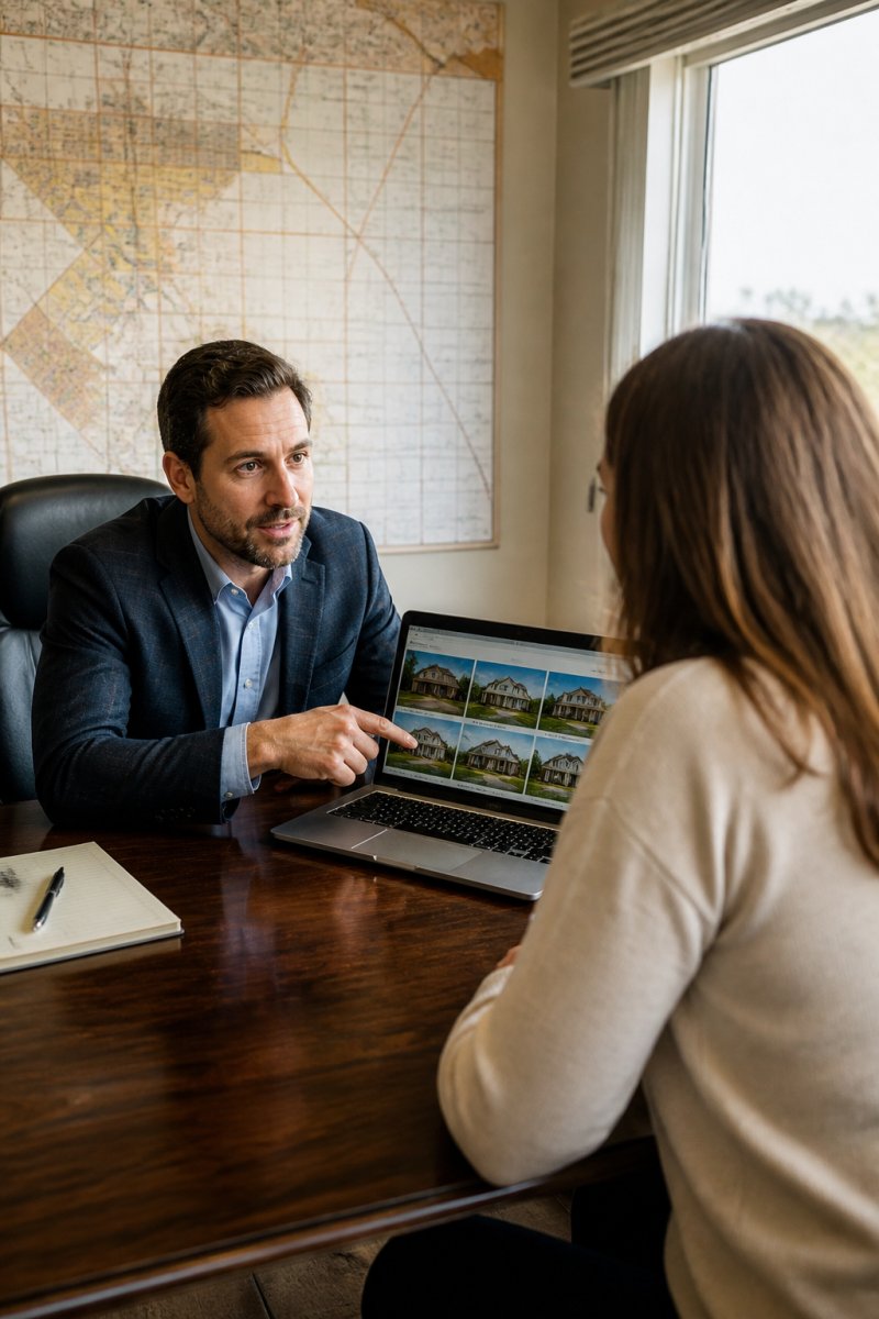 A real estate agent sitting at a desk with a client, pointing at a laptop screen showing local property listings, in a bright office with a map of the county on the wall