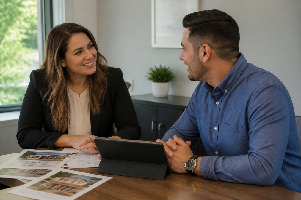 Professional real estate agent and client sitting across a desk in a modern office, reviewing home listing documents with a tablet between them, warm natural lighting from office windows, both showing engaged body language and friendly eye contact