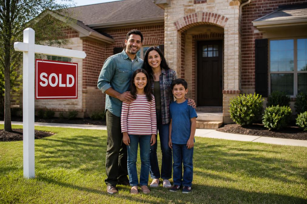 Family of four standing in front of their new home with a sold sign, smiling with confident and happy expressions, natural outdoor lighting, green lawn and brick home visible