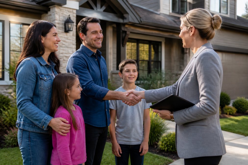 A professional real estate agent shaking hands with a family in front of a modern suburban home in a North Dallas neighborhood, warm afternoon light