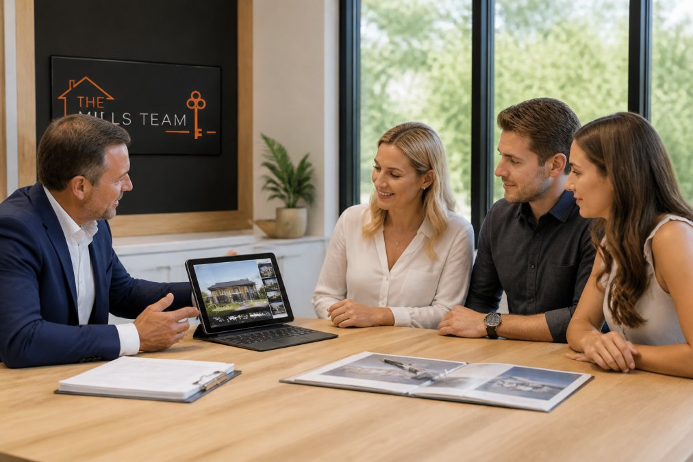 Professional real estate agents in a modern office reviewing property listings and market analysis on computer screens with clients seated across a conference table, natural light streaming through large windows