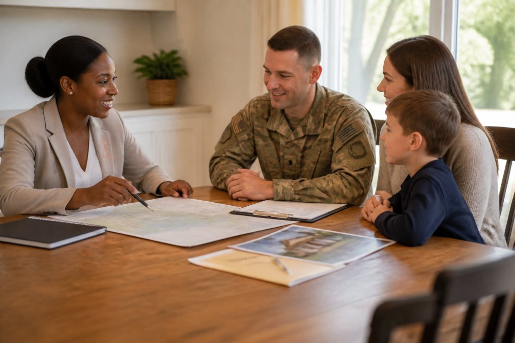 Military family sitting at dining table with real estate agent reviewing relocation checklist, neighborhood maps, and VA loan documentation, warm natural lighting from windows
