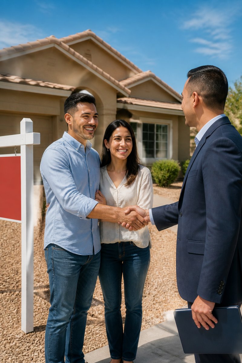 Real estate agents shaking hands with a happy couple in front of a sunny New Mexico home for sale