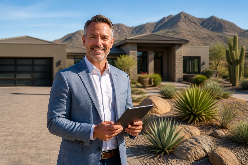 Professional real estate agent standing in front of a modern Scottsdale home with desert landscaping and mountains in the background, holding a tablet with property listings