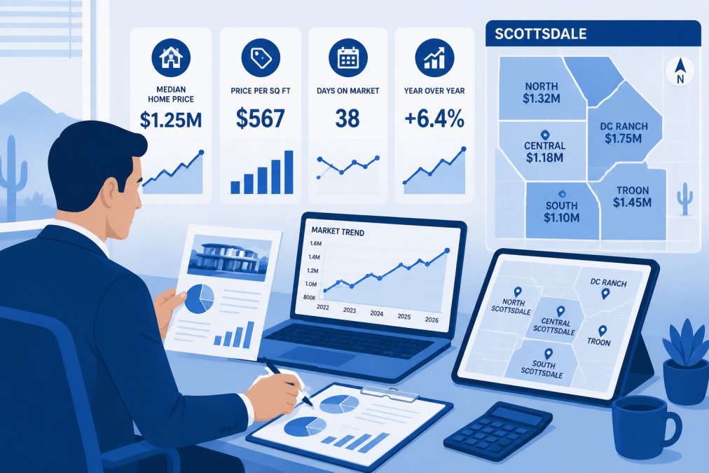Real estate professional reviewing property documents and market data at a desk with a laptop and tablet showing Scottsdale neighborhood maps