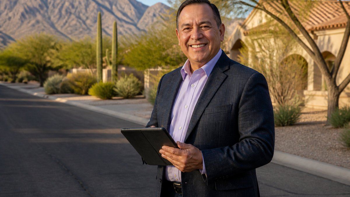 Manny Maldonado, one of Tucson’s top real estate agents, stands on a sunny residential street with desert views.
